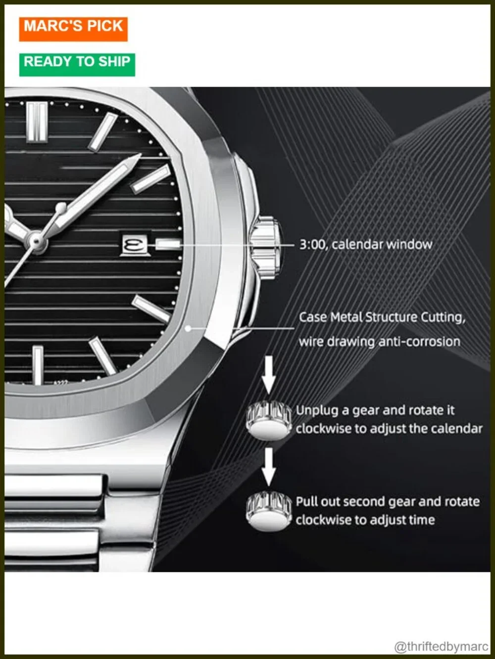 Men's Classic Square Watch Silver Stainless Steel Analog Quartz with Date